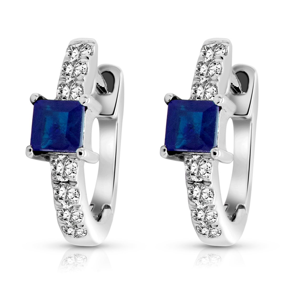 14 Karat White Gold 0.15ct Diamond and 0.32ct Sapphire Huggie Earrings