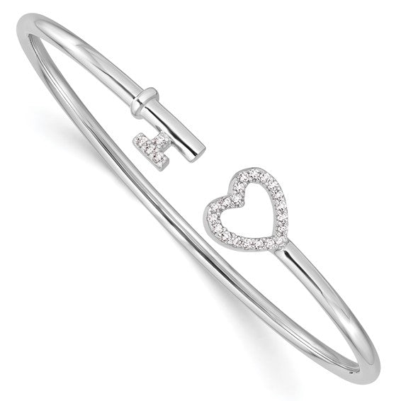 Sterling Silver Heart and Key Cubic Zirconia Bangle - 7 inch