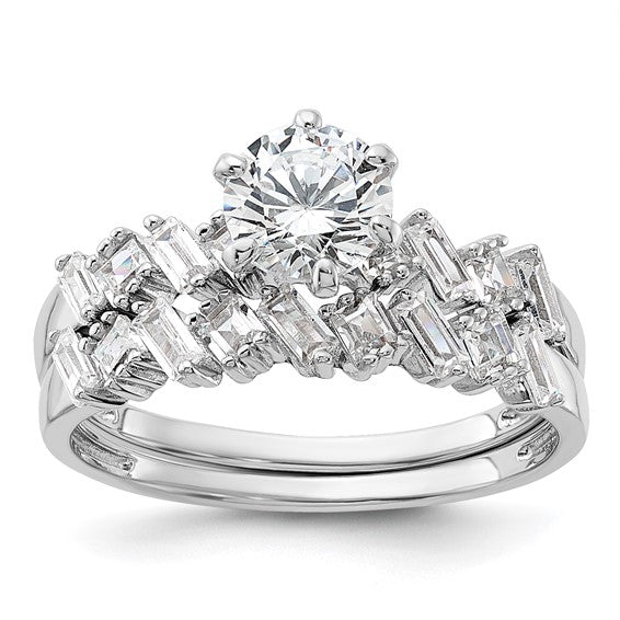 Sterling Silver 6 Prong Cubic Zirconia Engagement Ring with Matching Band Set - Size 7