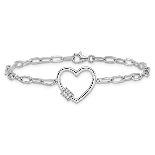 Sterling Silver Open Heart Cubic Zirconia Bracelet - 7.5 inch