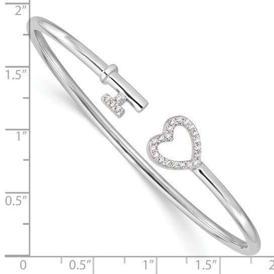 Sterling Silver Heart and Key Cubic Zirconia Bangle - 7 inch