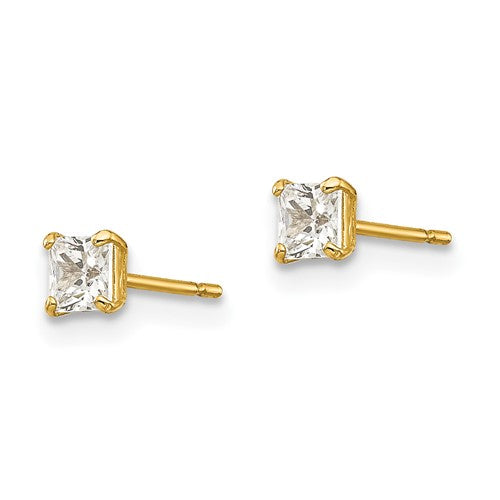 Yellow 14 Karat Gold 3mm Square Cubic Zirconia Studs