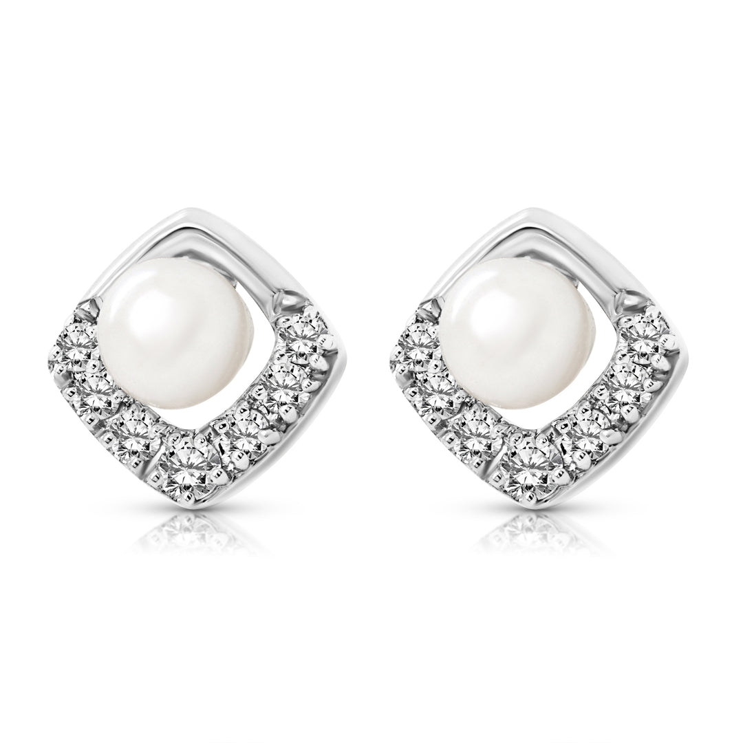 14 Karat White Gold 0.18ct Diamond and Pearl Stud Earrings