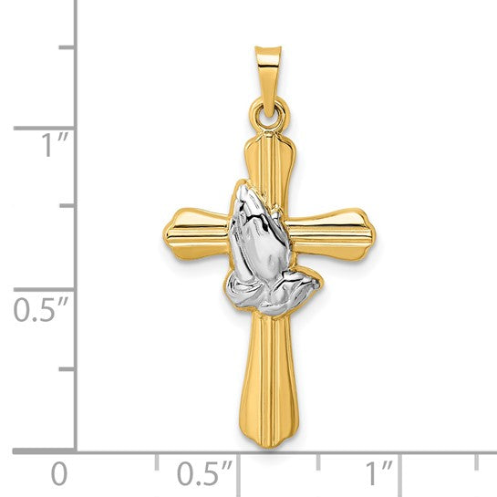 14 Karat 2 Tone Gold Small Polished Praying Hands Cross Charm Pendant