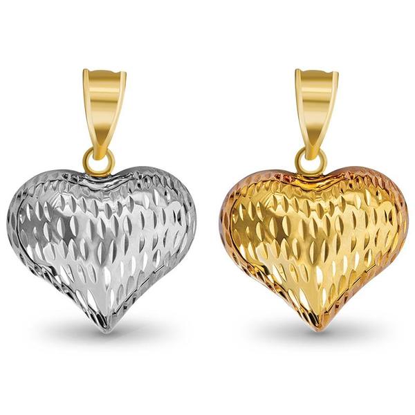 14 Karat 2 Tone Gold Diamond Cut Double Sided Heart Charm Pendant