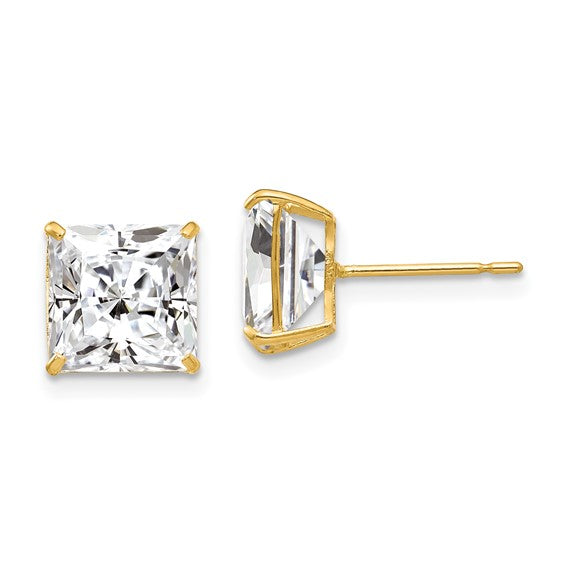 Yellow 14 Karat Gold 8mm Square Cubic Zirconia Studs