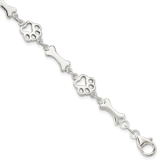 Sterling Silver Dog Bone and Paw 7.5 inch Bracelet