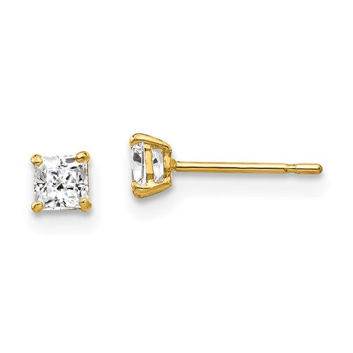 Yellow 14 Karat Gold 3mm Square Cubic Zirconia Studs