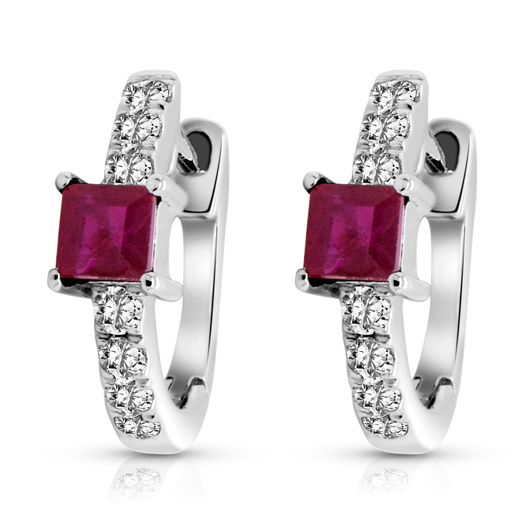 14 Karat White Gold 0.15ct Diamond and 0.36ct Ruby Huggie Earrings