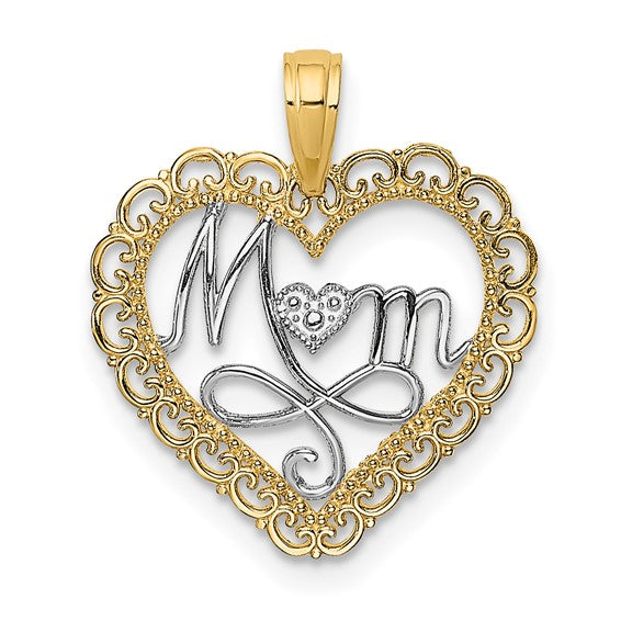 14 Karat 2 Tone Gold Small Mom Charm Pendant