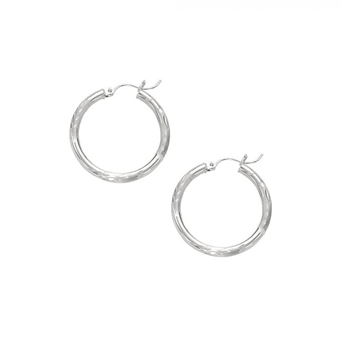 14 Karat White Gold Diamond Cut Medium Hoop Earrings