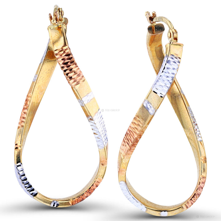 14 Karat Tricolor Gold Twisted Hoop Earrings