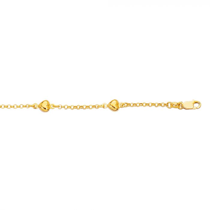 14 Karat Yellow Gold Puffed Heart Ankle Bracelet - 10 inch