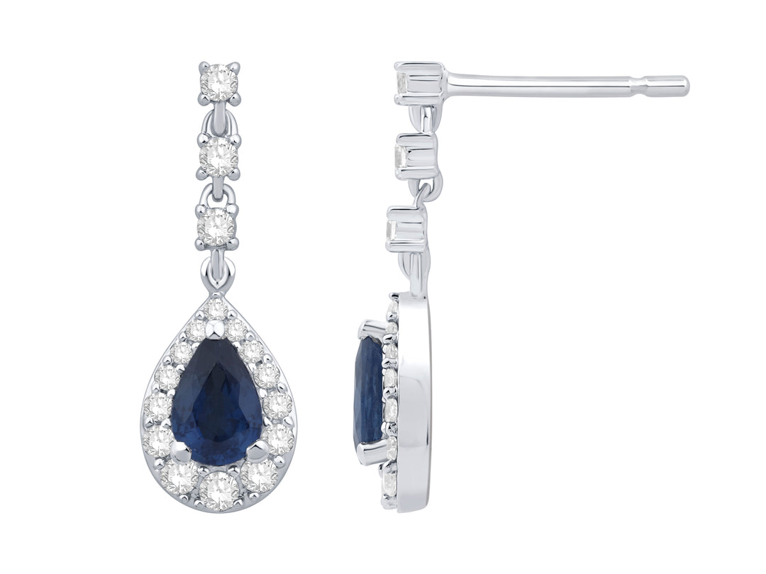 14 Karat White Gold 0.39ct Diamond and Sapphire Drop Earrings