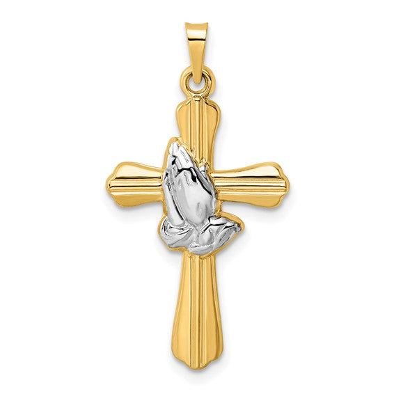 14 Karat 2 Tone Gold Small Polished Praying Hands Cross Charm Pendant