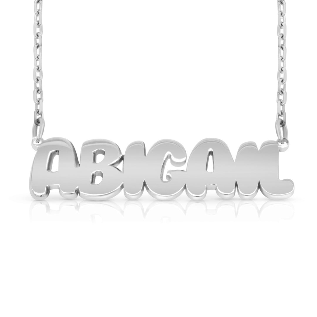 A sample of the nameplate with the name Abigail in White Gold