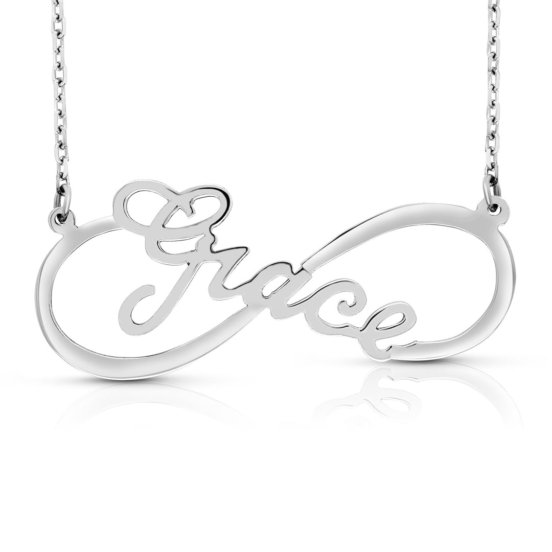 A Sample of the Sterling Silver Infinity Style Name Necklace with the name Grace in White