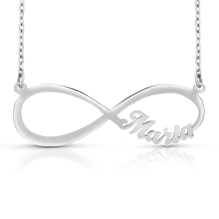 A Sample of the Sterling Silver Infinity Name Necklace with the name Maria in White