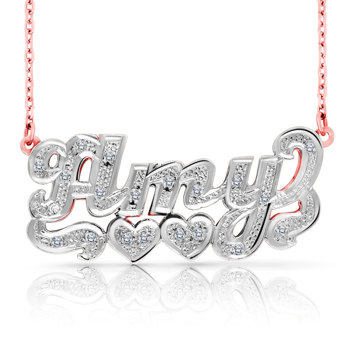 A Sample of the 14 Karat Diamond Cut 3D Name Necklace with Two Hearts with the name Amy in Rose