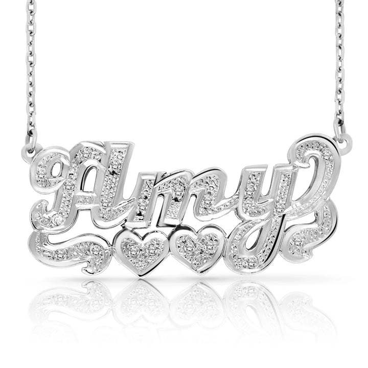 A Sample of the Sterling Silver Diamond Cut 3D Name Necklace with Two Hearts with the name Amy in White