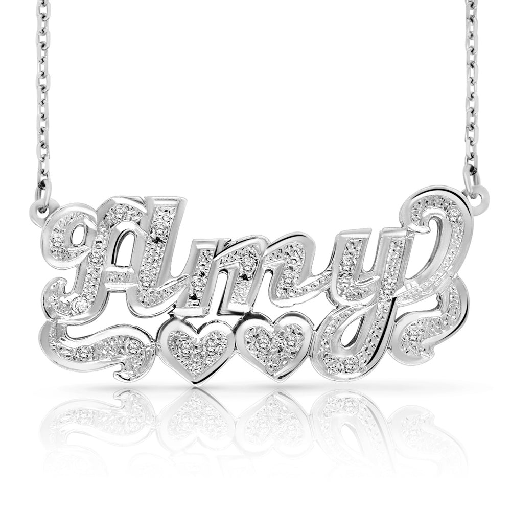 A Sample of the 14 Karat Diamond Cut 3D Name Necklace with Two Hearts with the name Amy in White