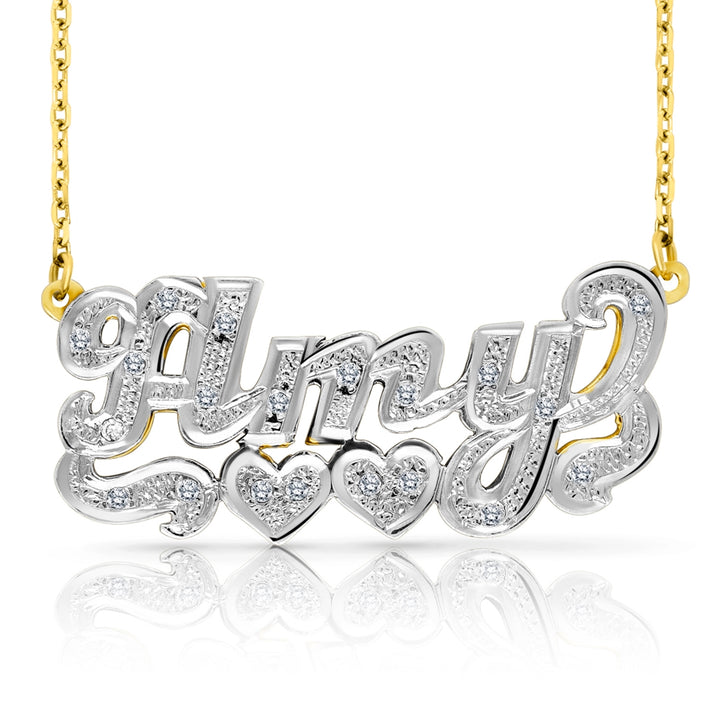 A Sample of the 14 Karat Diamond Cut 3D Name Necklace with Two Hearts with the name Amy in Yellow