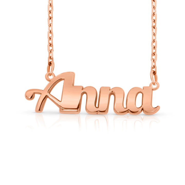 A sample of the nameplate with the name Anna in Rose Gold