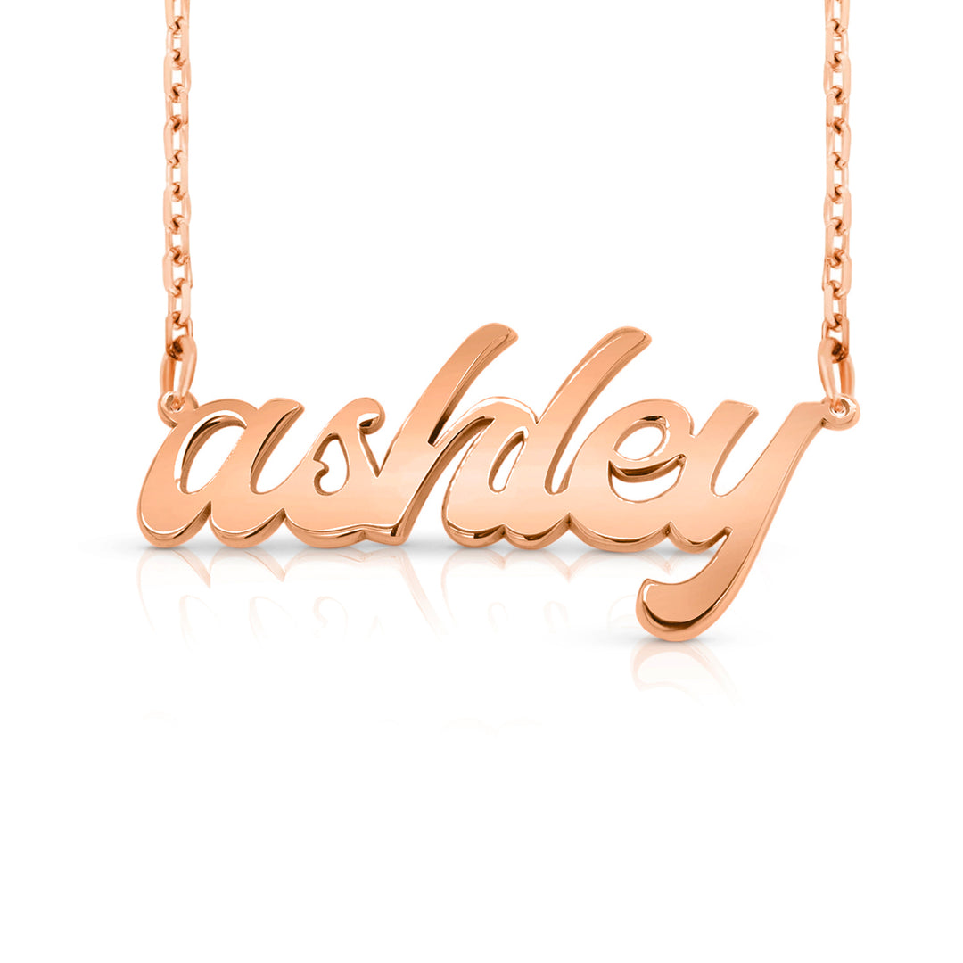 A sample of the nameplate with the name Ashley in Rose Gold