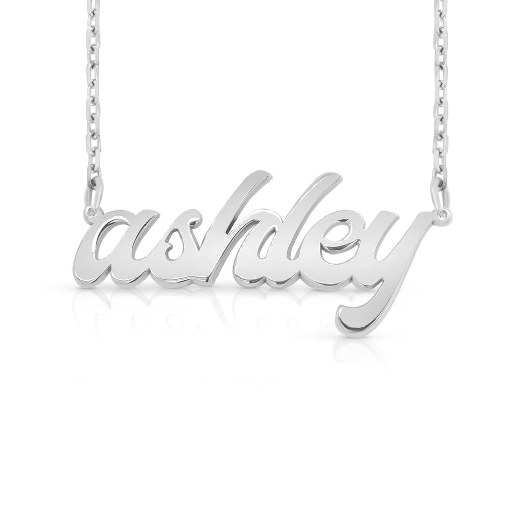 A sample of the nameplate with the name Ashley in White Gold