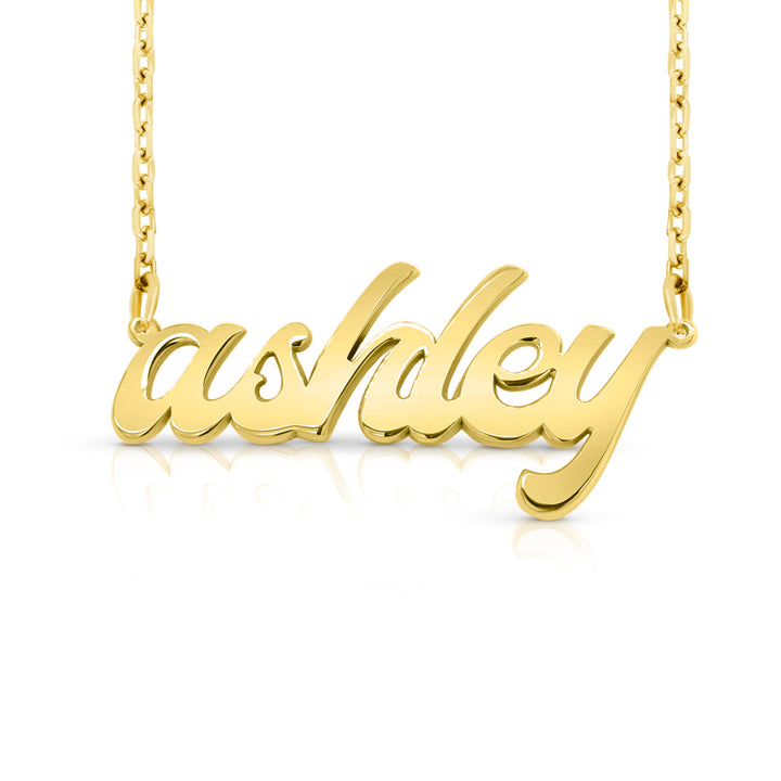 A sample of the nameplate with the name Ashley in Yellow Gold