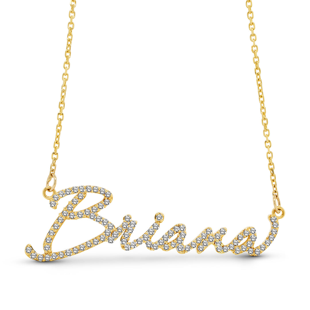 Yellow gold necklace with diamond personalized name pendant on a white background