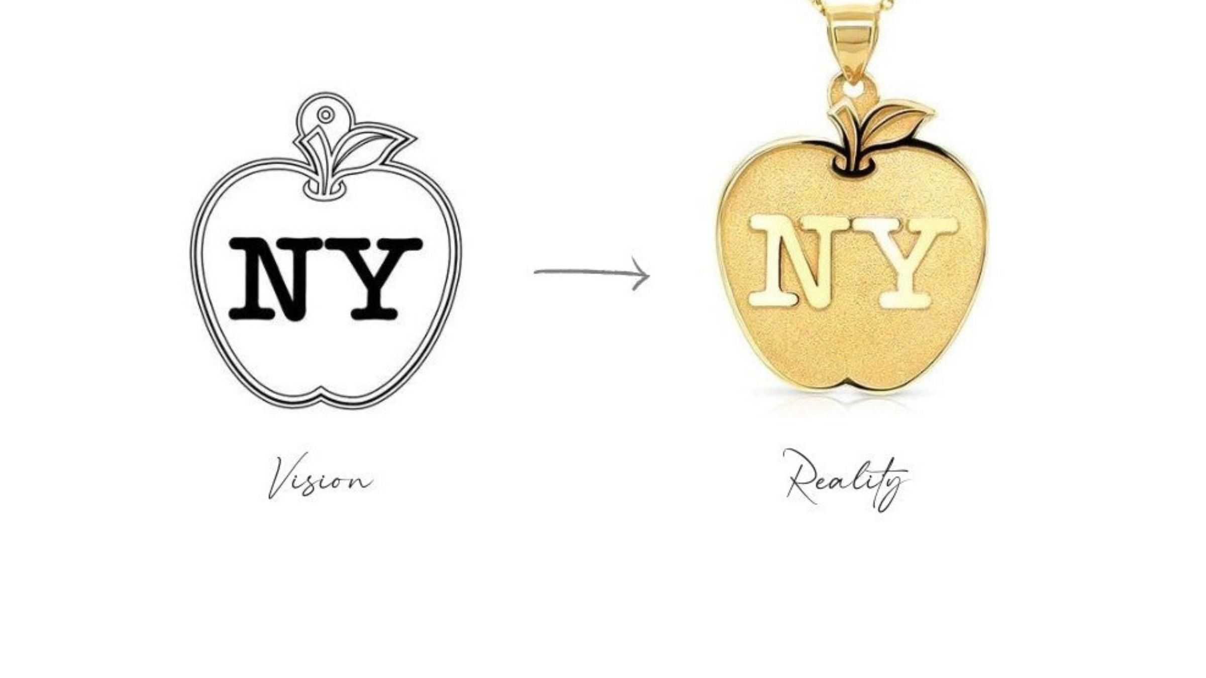 Two apple shaped pendants a sketch labeled Vision on the left side and a gold necklace labeled Reality on the right side, both engraved letters NY on a white background