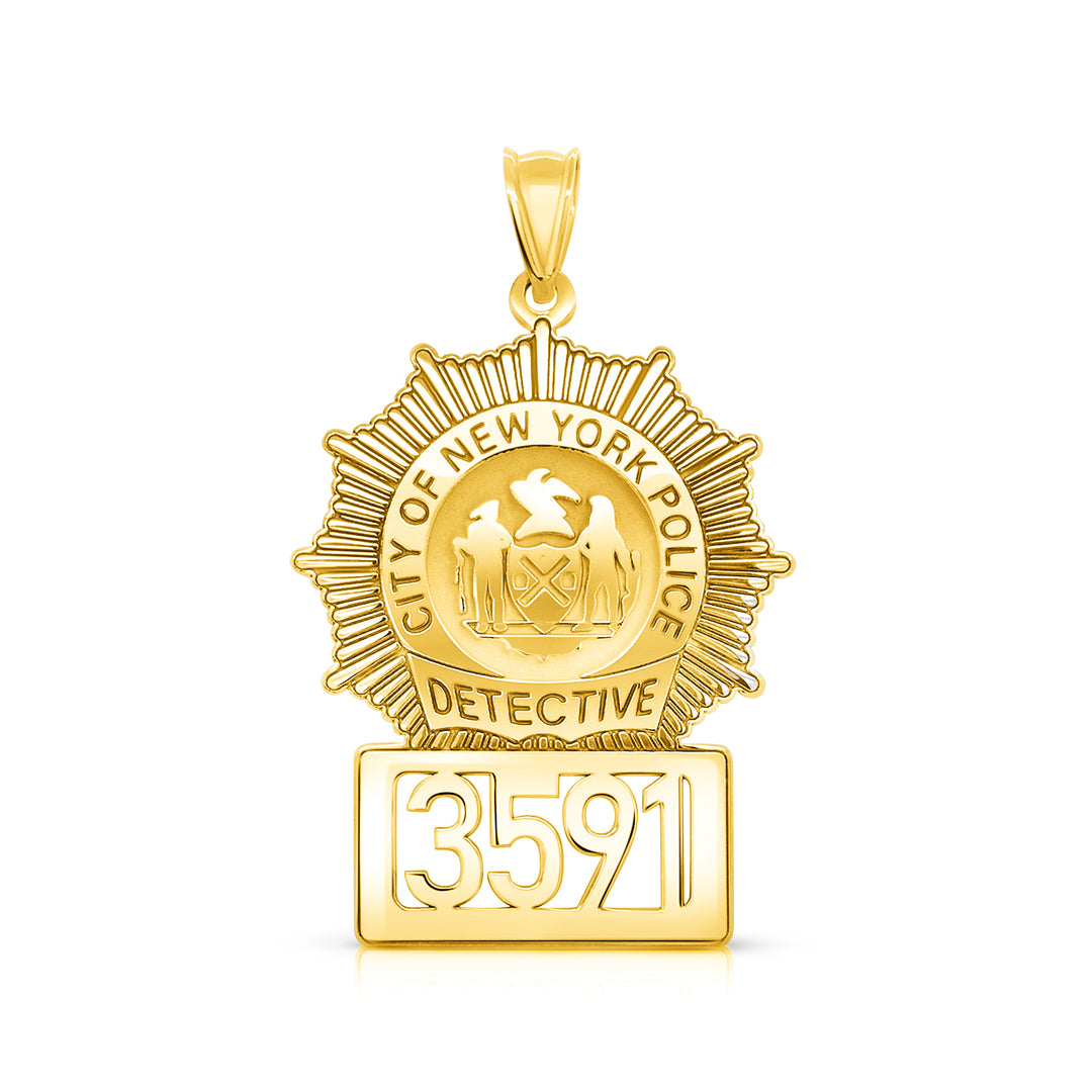 A image of the Personalized Detective Badge with City and Number Charm Pendant in Yellow Gold