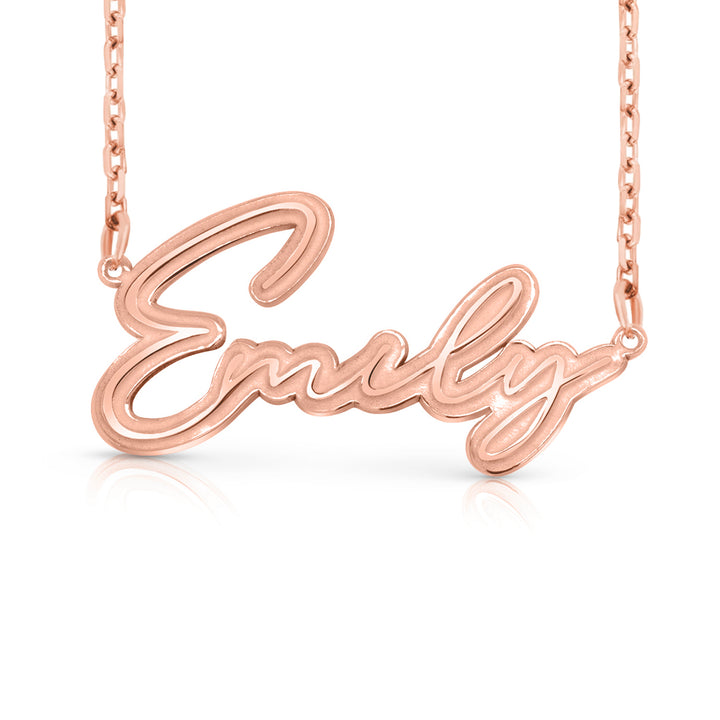 A sample of the nameplate with the name Emily in Rose Gold