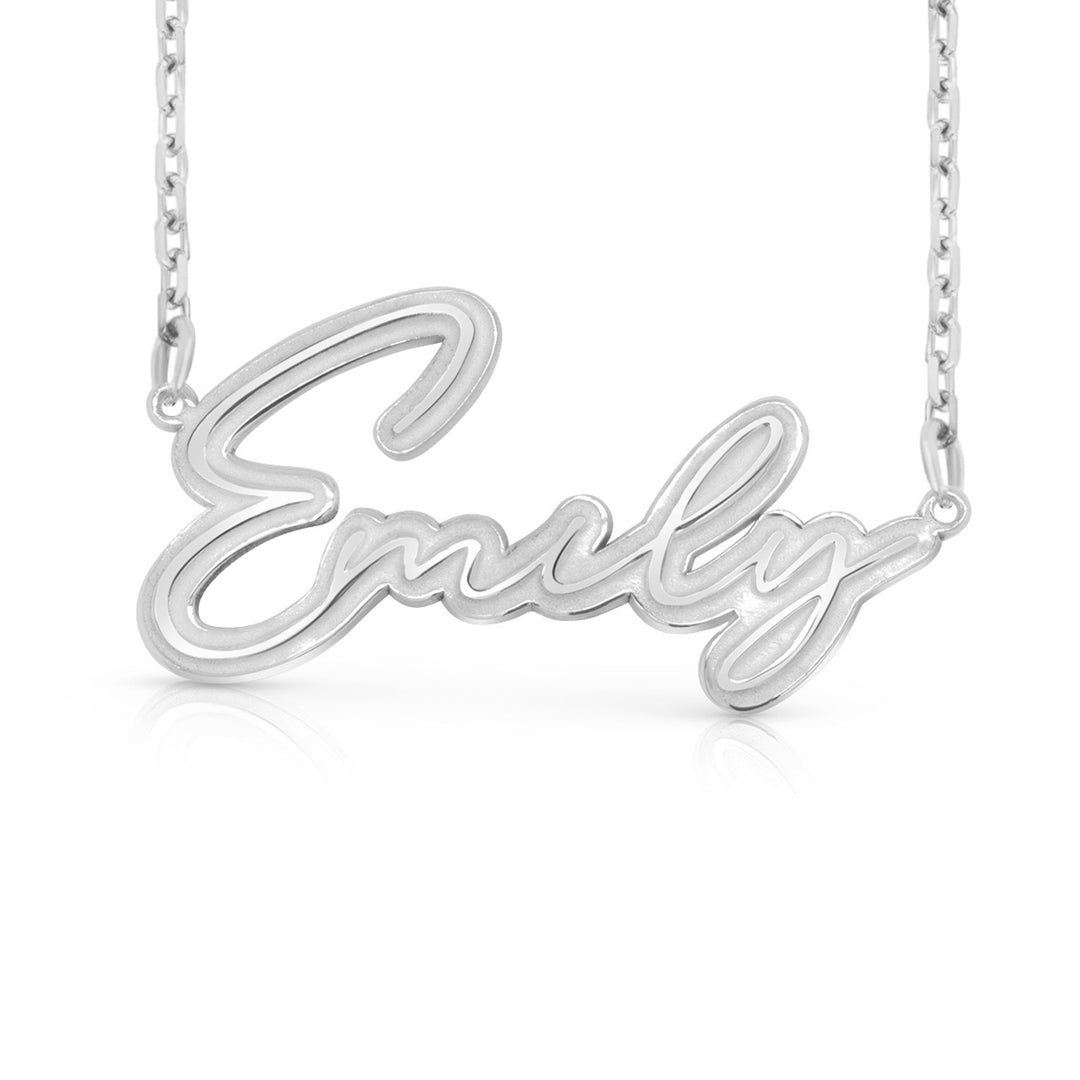 A sample of the nameplate with the name Emily in White Gold