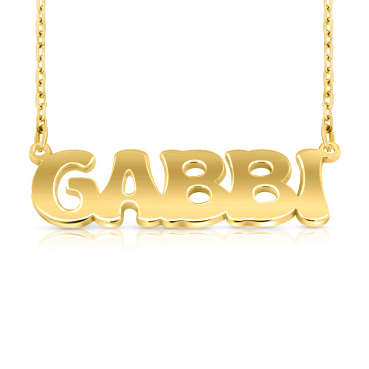 Yellow gold necklace with personalized name pendant on a white background