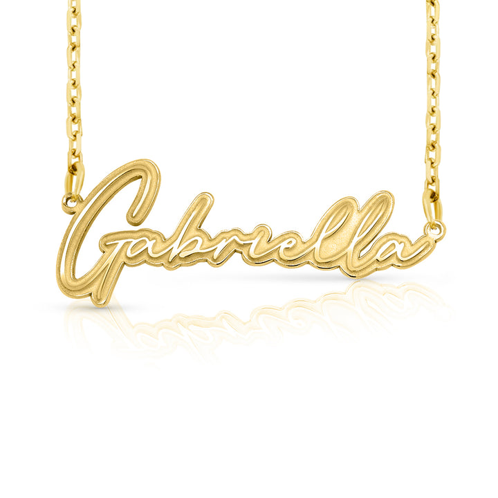 A sample of the nameplate with the name Gabriella in Yellow Gold