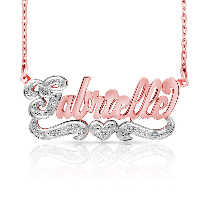 A Sample of the 14 Karat Script 3D Name Necklace with One Heart with the name Gabrielle in Rose