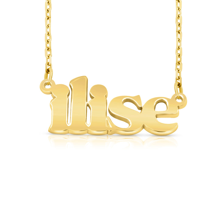 A sample of the nameplate with the name Ilise in Yellow Gold