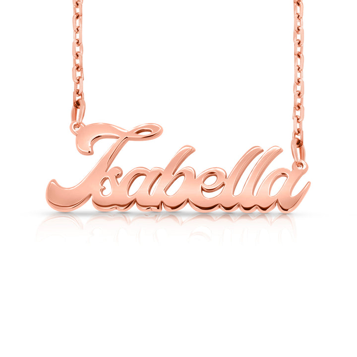 A sample of the nameplate with the name Isabella in Rose Gold