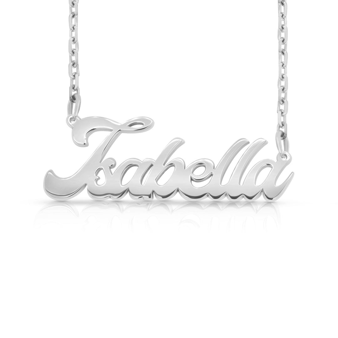 A sample of the nameplate with the name Isabella in White Gold