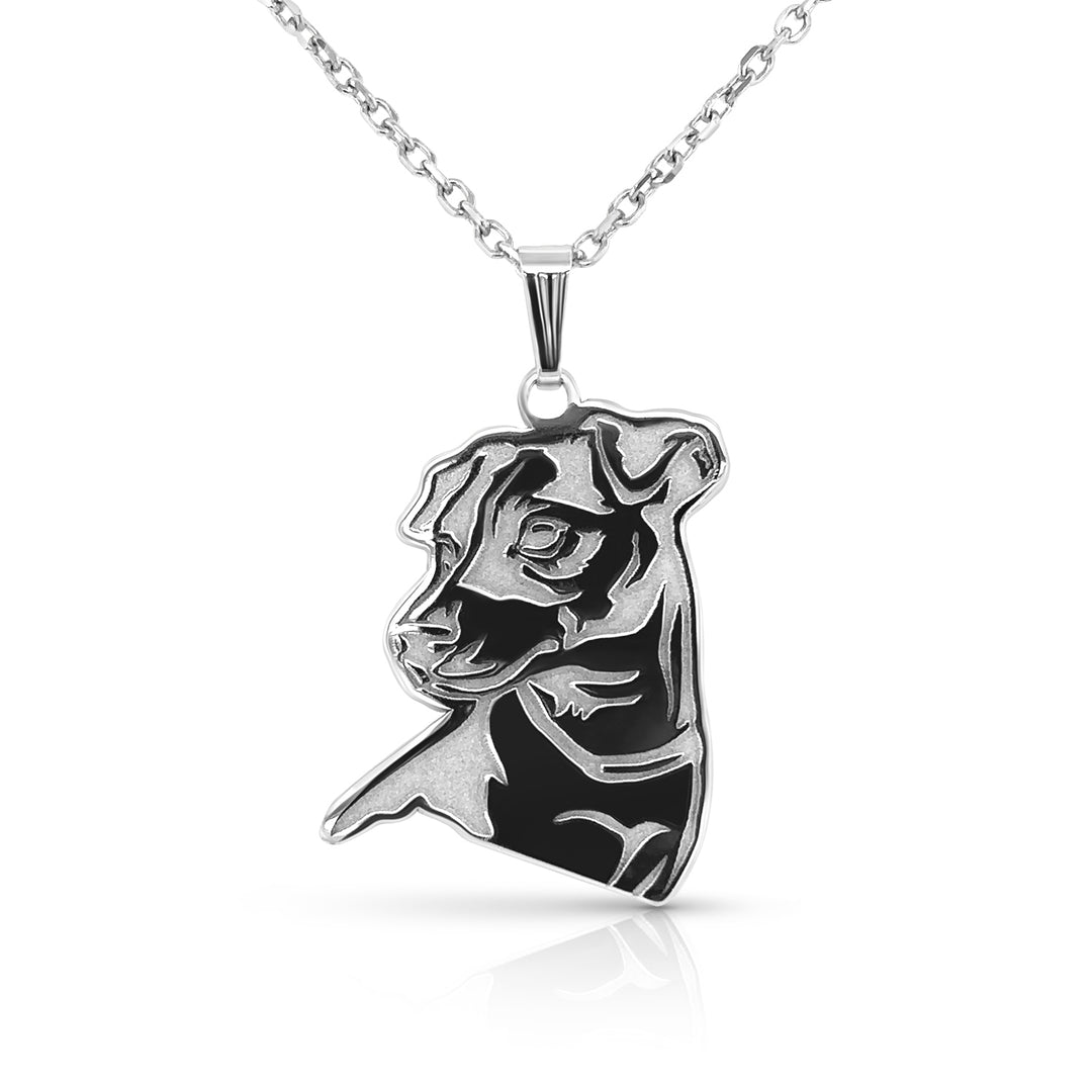 White gold necklace with dog pendant on a white background