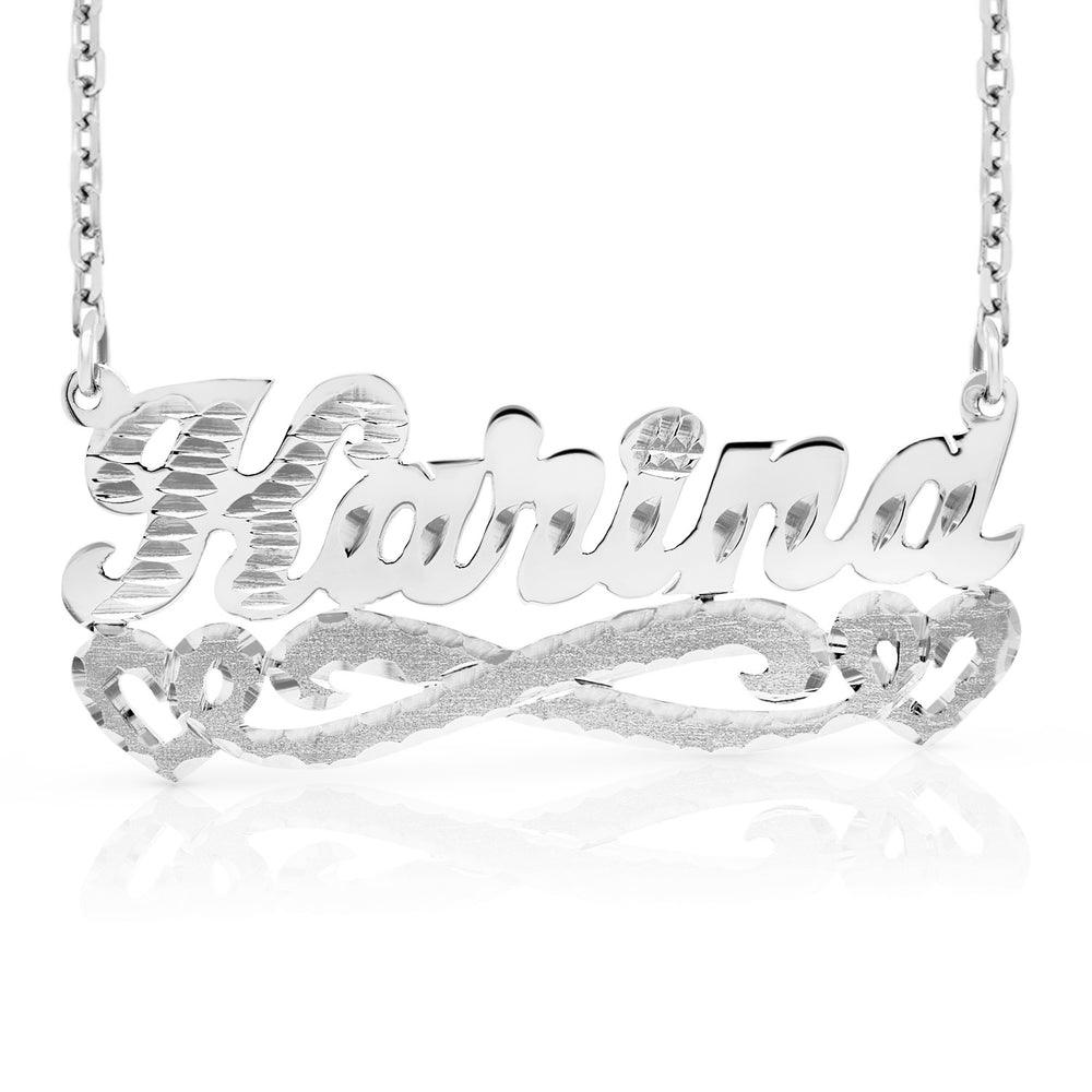 A Sample of the Diamond Cut & Florentine Name Necklace with Hearts with the name Karina in White