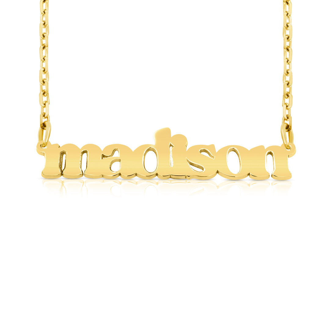 A sample of the nameplate with the name Madison in Yellow Gold