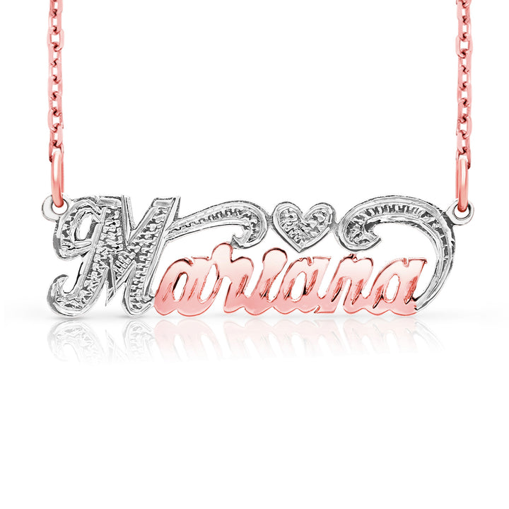 A Sample of the 14 Karat Small Name Necklace with Heart with the name Mariana in Rose