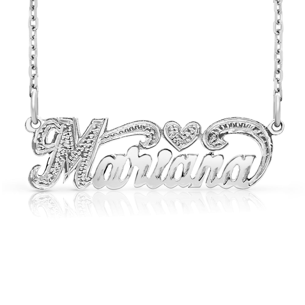 A Sample of the 14 Karat Small Name Necklace with Heart with the name Mariana in White