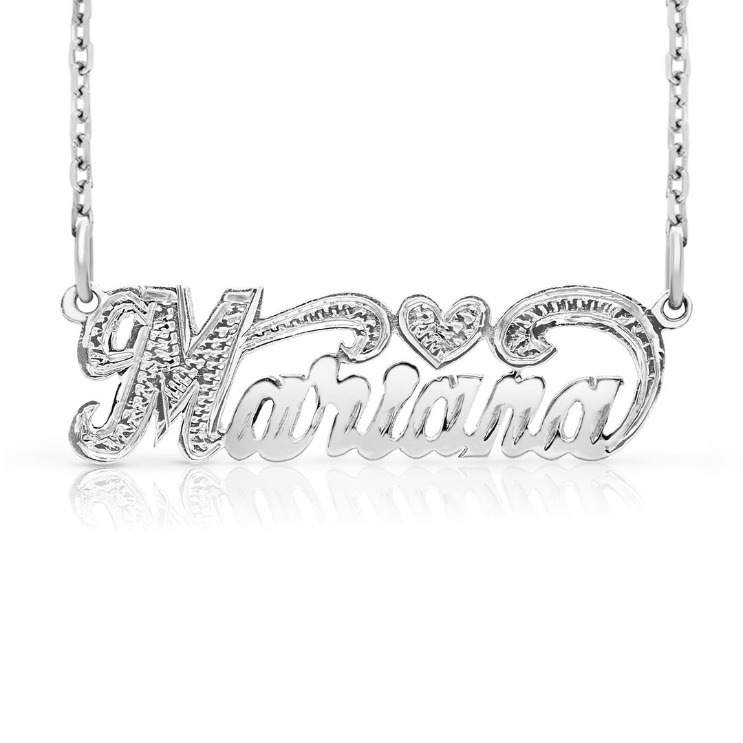 A Sample of the Sterling Silver Small Name Necklace with Heart with the name Mariana in White