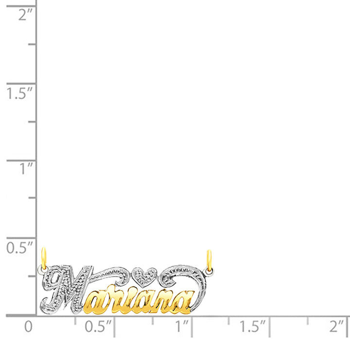 A Sample of the 14 Karat Small Name Necklace with Heart with the name Mariana on a size chart for reference