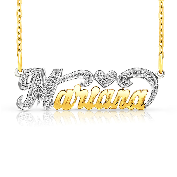 A Sample of the 14 Karat Small Name Necklace with Heart with the name Mariana in Yellow