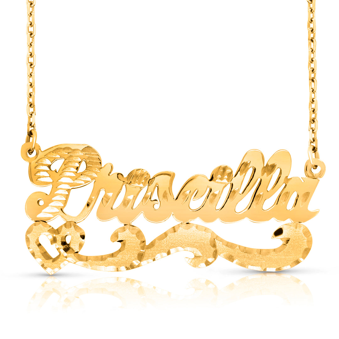 A Sample of the 14 Karat Diamond Cut Name Necklace with the name Priscilla in Yellow